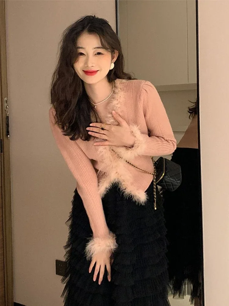

Fluffy Patchwork Knitted V Neck Sweaters Japanese Fashion Sweet Elegant Women Jumpers All Match Y2k Aesthetic Chic Sueter Mujer