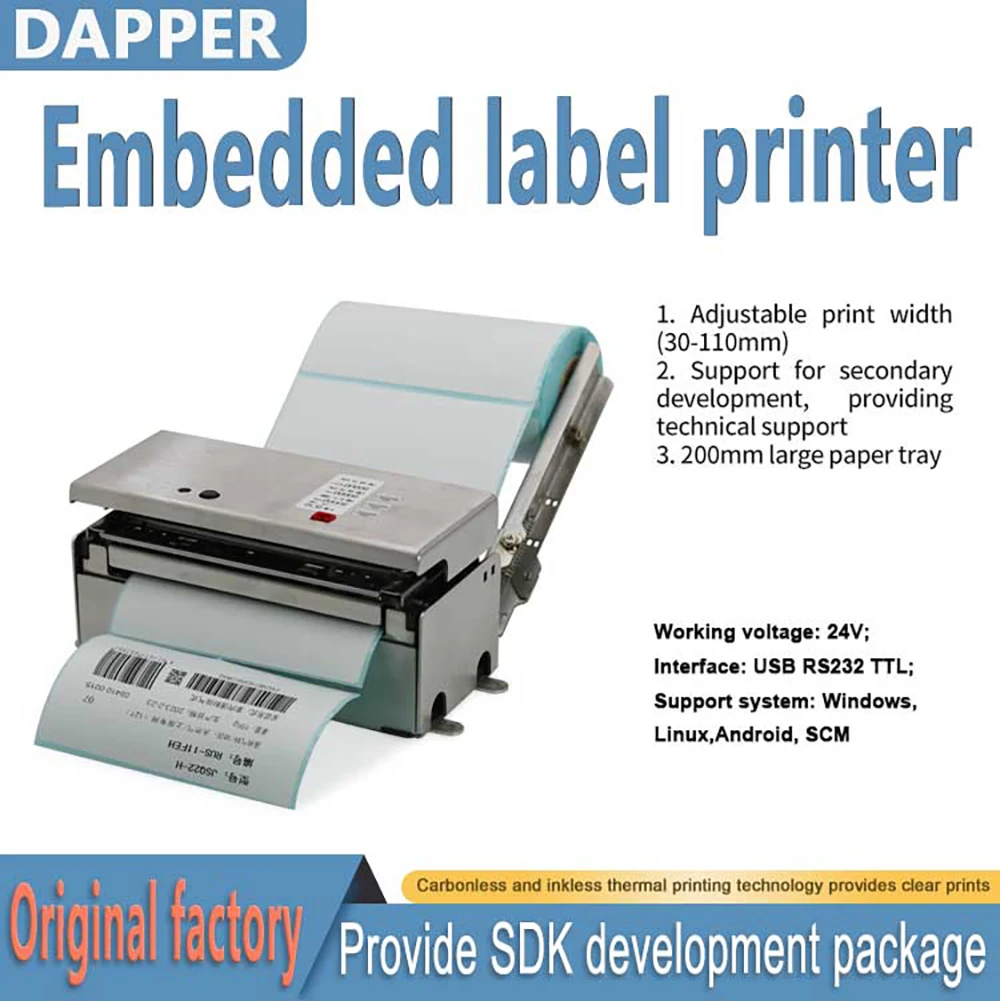 Dapper Embedded 4인치 110mm 열전사 라벨 바코드 프린터(자동 커터 포함) USB+Serial(RS232/TTL) 24V