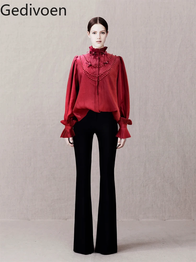 

Весенняя модная дизайнерская винтажная рубашка Gedivoen с воротником-стойкой и пуговицами, женская элегантная рубашка с рукавами-фонариками, бусинами и бантом