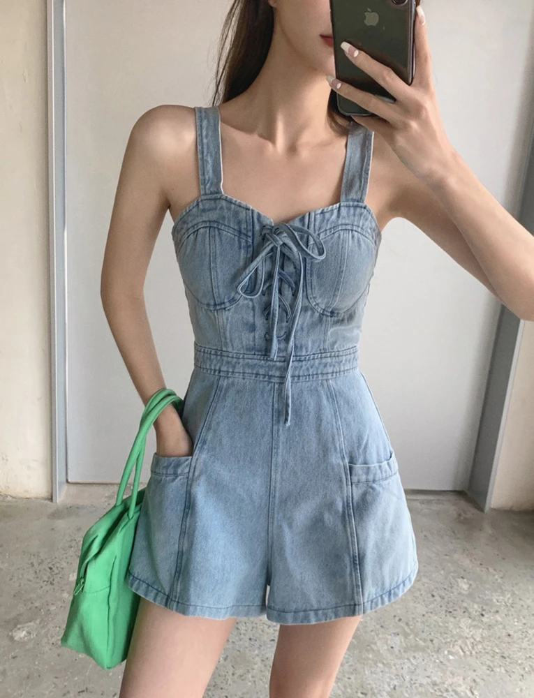 2023SummerNewWomenDenimStrapShortsWomensHighWaistSlimLoose