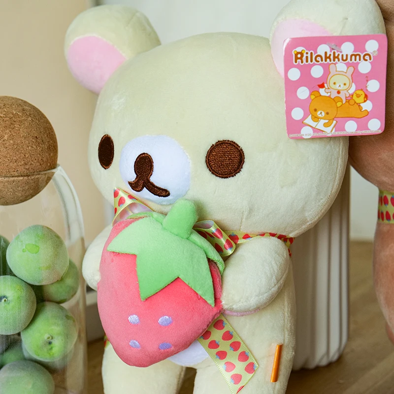 Rilakkuma 봉제 인형, 귀여운 동물 딸기, 귀여운 곰 인형, 쿠마 봉제 인형, 카와이 방 장식 장난감, 어린이 자동차 등받이 선물