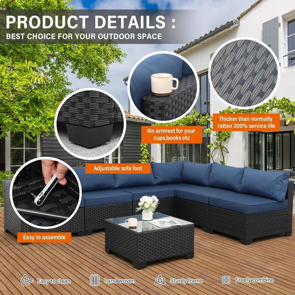 Outdoor PE Wicker Furniture Set, Patio Black Rattan Sectional Sofa Couch with Washable Navy Blue Cushions 5