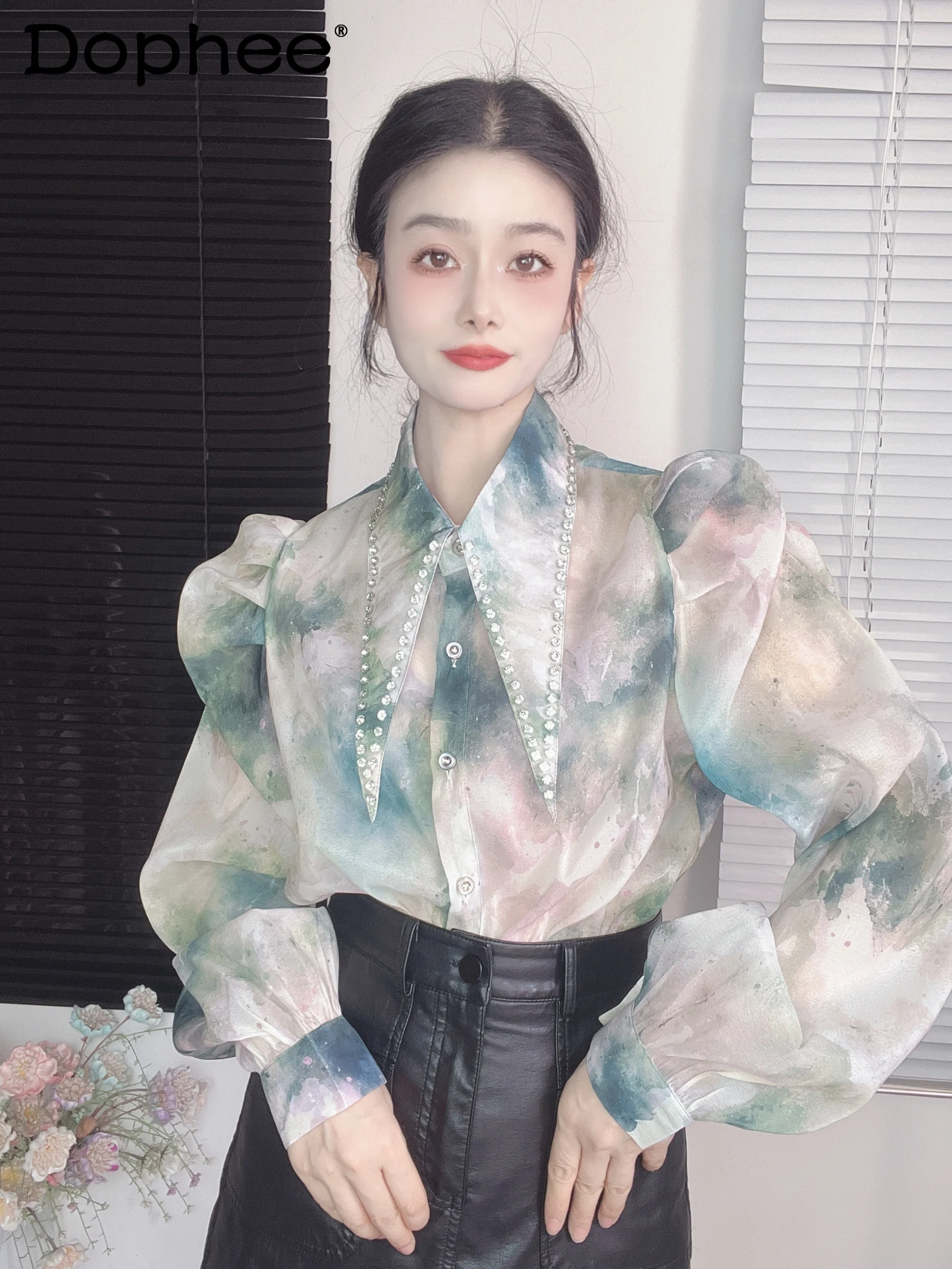 Korean-Style Bubble Sleeve Floral Shirt Women 2024 Spring Retro Pointed Collar Rhinestone Beaded All-Matching Long Sleeve Top
