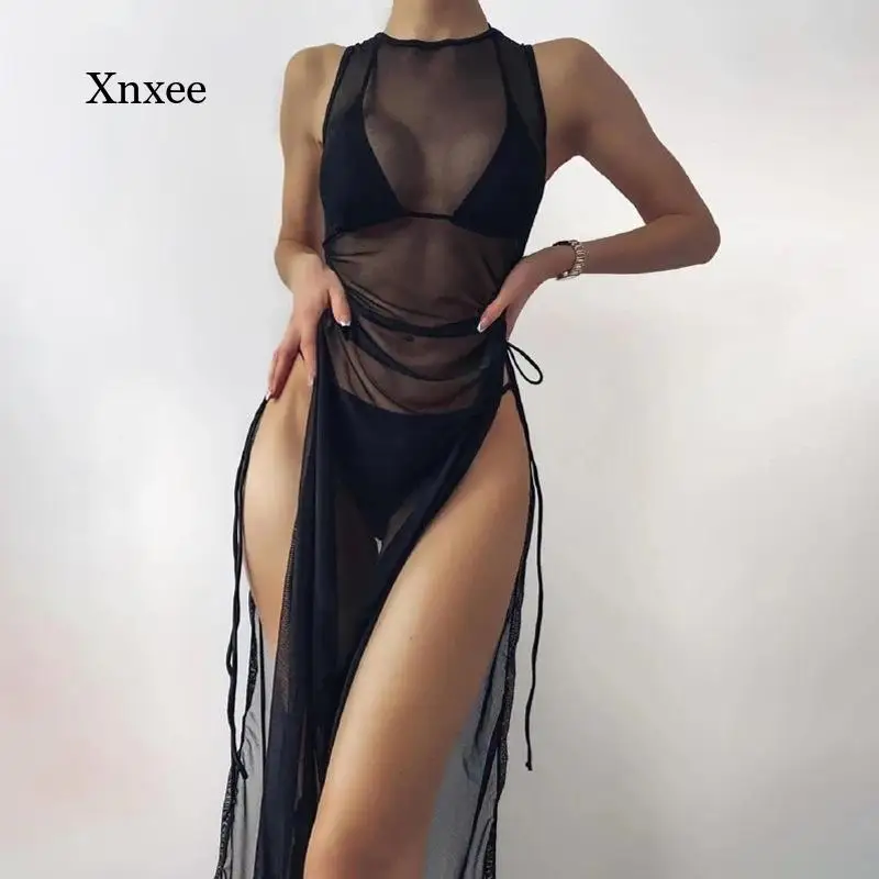 

Черная сетчатая накидка, купальник с круглым вырезом, женские накидки с разрезом для женщин, бикини, платье на шнуровке, пикантная модная одежда, облегающая пляжная одежда