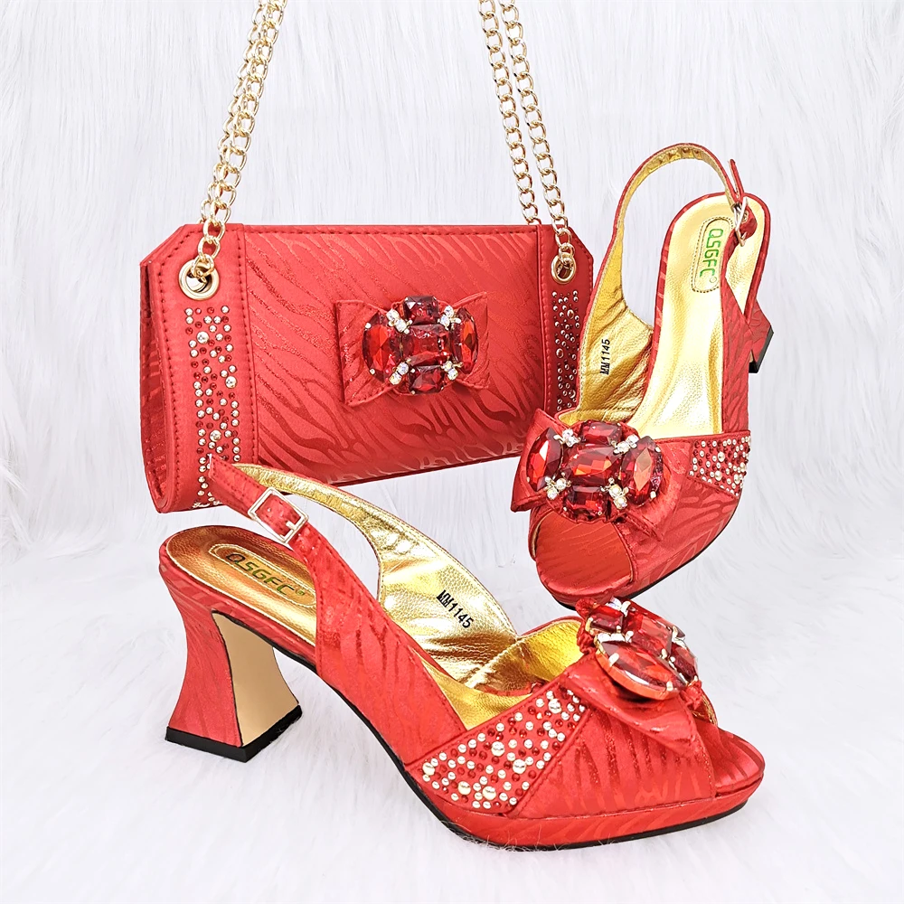 

QSGFC Nigerian Style Red Elegant Dual-Purpose Women's Bag With Square Heel Design High Heels With Shiny Rhinestones Evening Suit