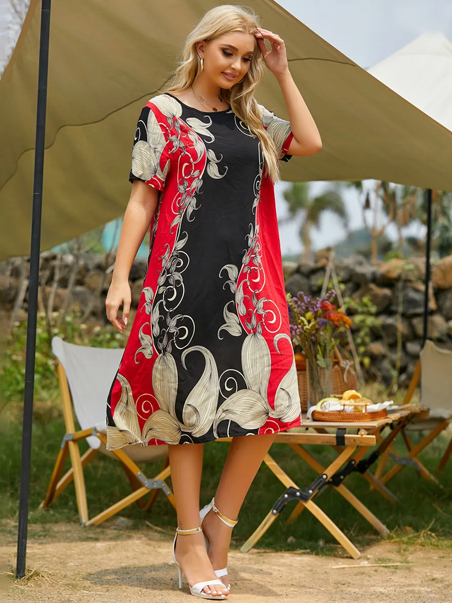 Summer Loose Dresses Ladies 2022 Plus Print Neck Short Sleeve Swing Long Dress Women 4xl Big Size Clothing - Plus Size Dresses - AliExpress