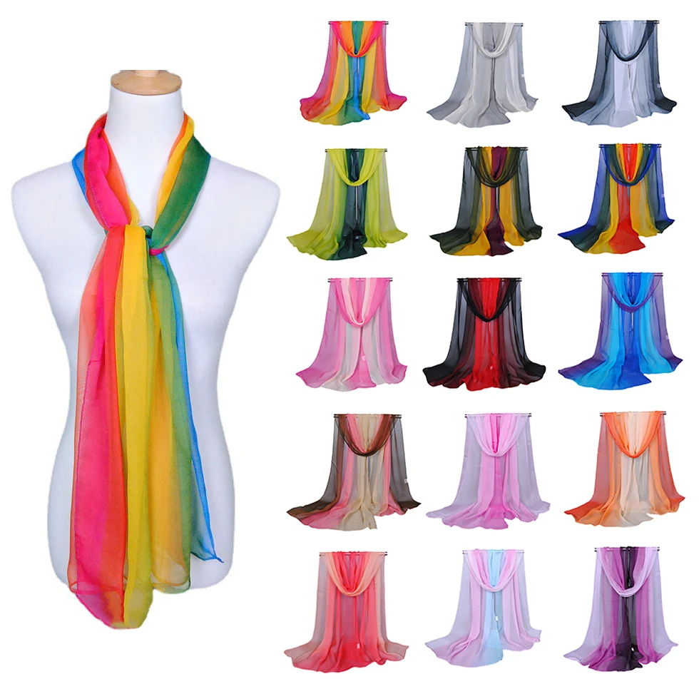 Trendy Women Gradient Colours Chiffon Silk Scarf Ladies Outdoor Casual Shawl Rainbow Beach Towel Girls Neck Decorative Scarves
