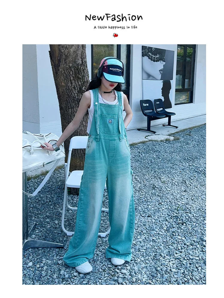 summer teen girls water washed punk wide leg jumpsuit junior kids loose slimming casual Cowboy overalls 4-14 child ropa trousers