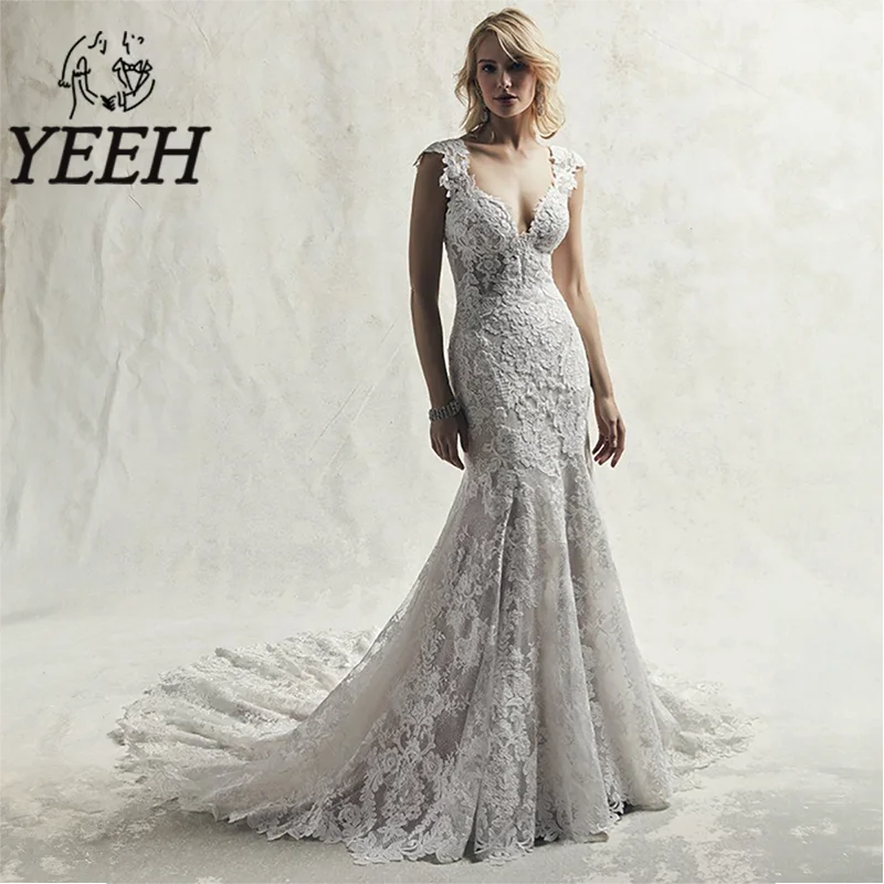 

YEEH Illusion Open Back Wedding Dress Exquisite Lace Appliques Bridal Gown V-neck Mermaid Court Train Vestido De Noiva for Bride