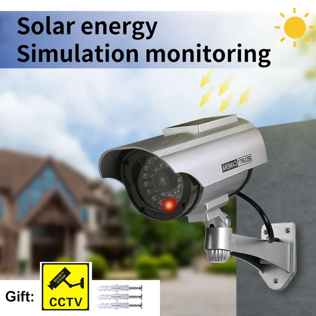 Cámara de seguridad falsa de energía Solar, cámara de vigilancia antirrobo  con luz LED intermitente, forma
