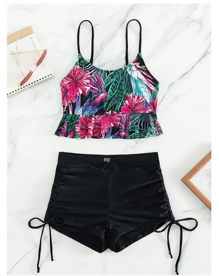 Cikini-Tropical Print Tankini Set, Ruffle Hem Cami Top, Overlap Waist Drawstring Side Shorts, 2 Piece Bathing Suit