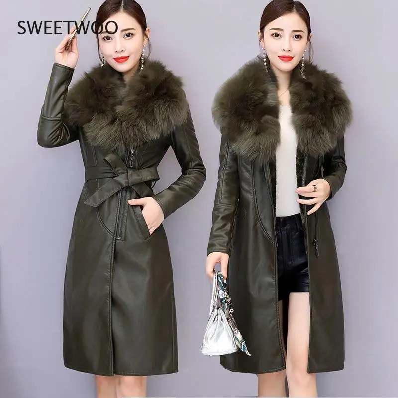 Pu Leather Long Sleeve Winter Jacket and Coat for Women Fur Collar Faux Leather Jacket Korean Soft Plush Lining Warm Slim 2022