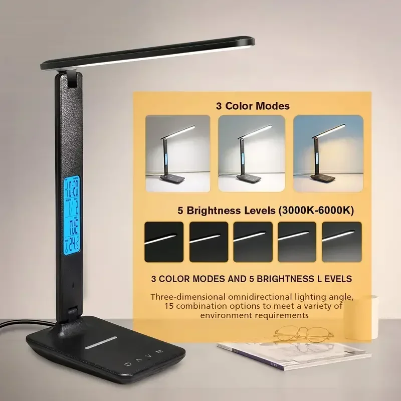 

10W QI Wireless Charging LED Desk Lamp with Night Light Calendar Temperature Alarm Clock Eye Protection Study Lamp Desk Lamp