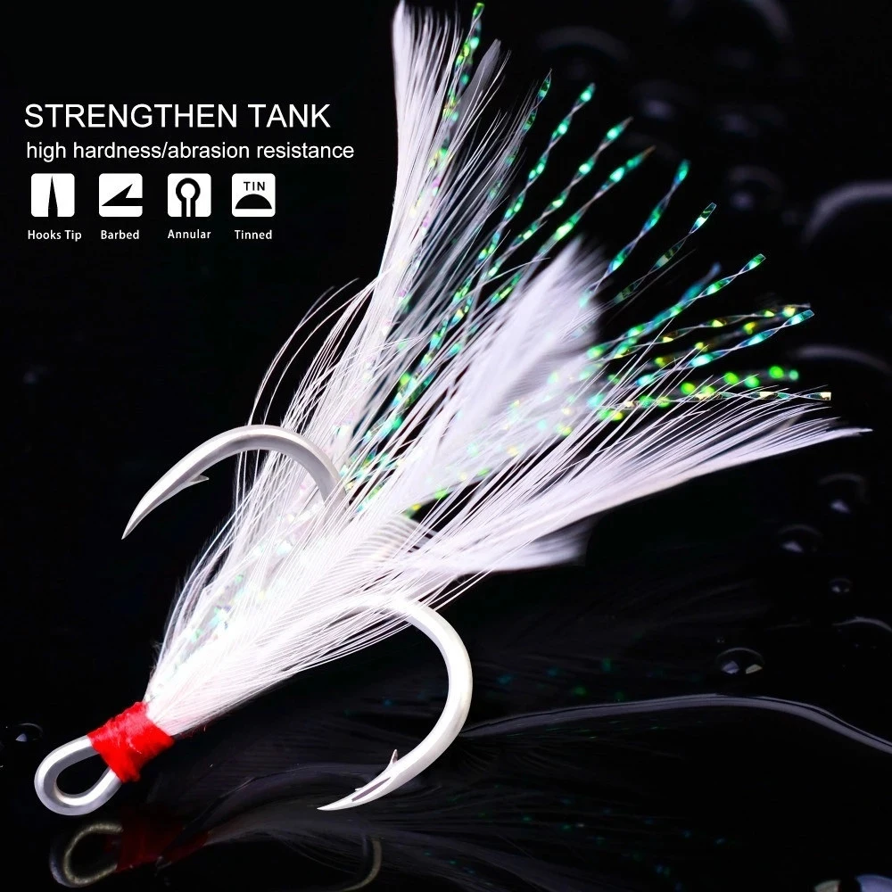 

4# 6# 8# 10# 12# Pesca Sharpened Barbed Fishhooks Feathered Treble Hooks Treble Fishing Hooks With Feather Fishing Hook