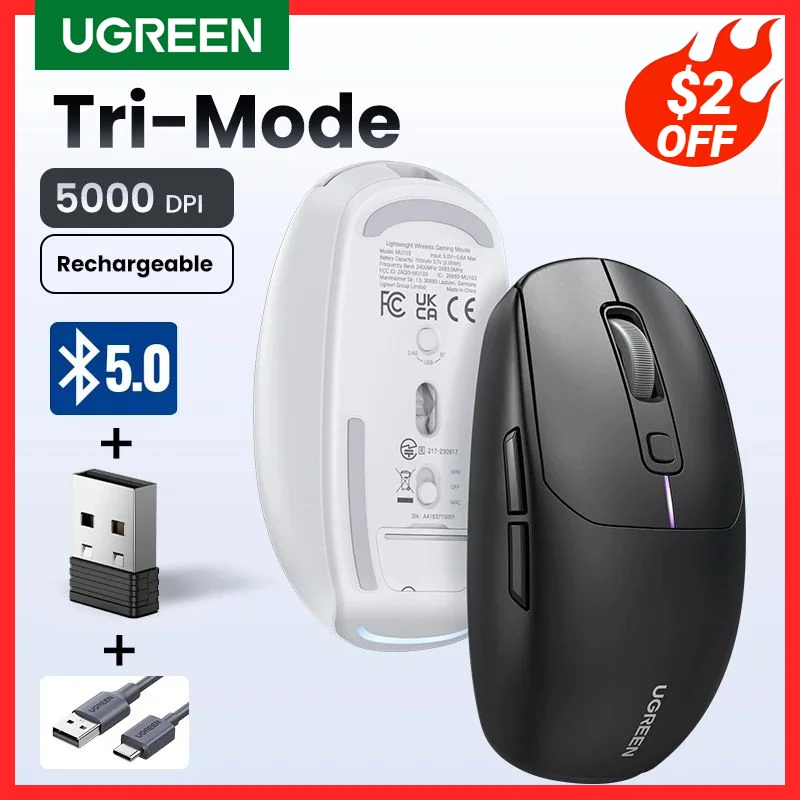 Ugreen-mouse para Jogos sem Fio 5000dpi Bluetooth 5.0 2.4g com Fio Ratos Gamer Recarregáveis Botões para Macbook Tablet Laptops