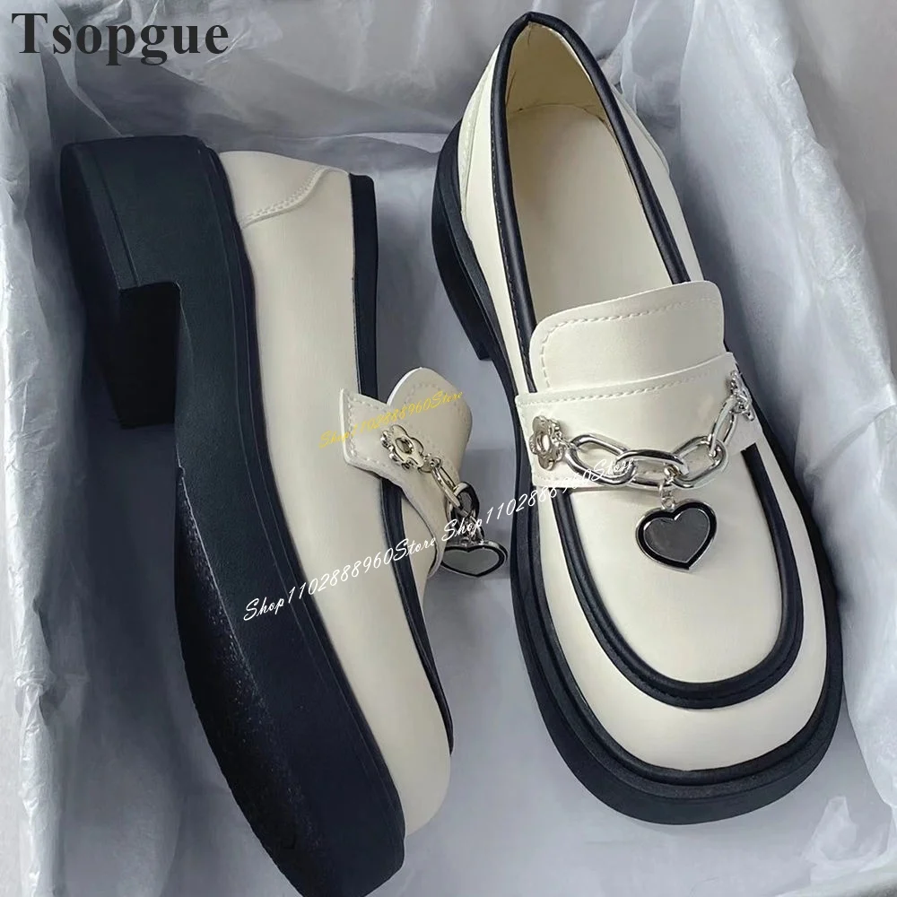 

British Beige Metal Chain Decor Pumps Thick Soled Flat With Shoes For Women Slip On Round Toe 2024 Fashion Zapatos Para Mujere