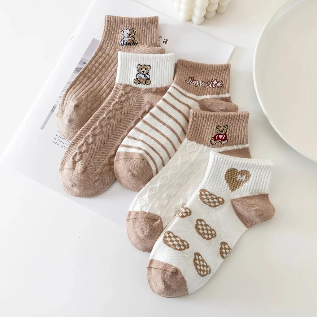 5 Pairs Socks Sets Women Elegant Retro Polyester Cotton Low Tube Women Socks Breathable Japanese Style Casual Cotton Short Sock