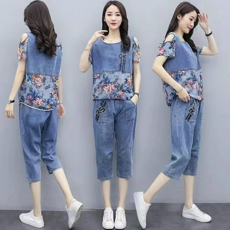 2024 Summer New Western Fashionable Set Women's Simple Fat Sister Slimming Imitation Denim Capris