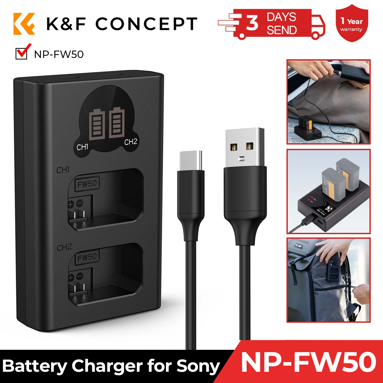 K&F Concept NP-FW50 Battery Charger Dual Slot Quick Charger for