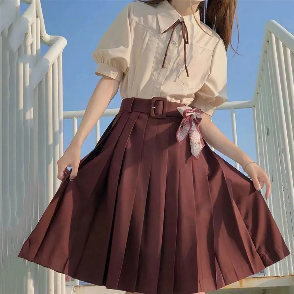 

Japanese Pleated Cos High Waist Skirt Whit Belt Women'S Solid Skirts Ladies Kawaii Female Korean Harajuku Clothing For Women
