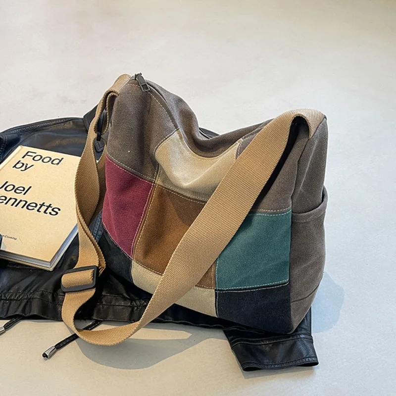 Fashionable and Minimalist Patchwork Canvas Women's Handbag for Leisure Travel with Large Capacity for Student Commuting Retro