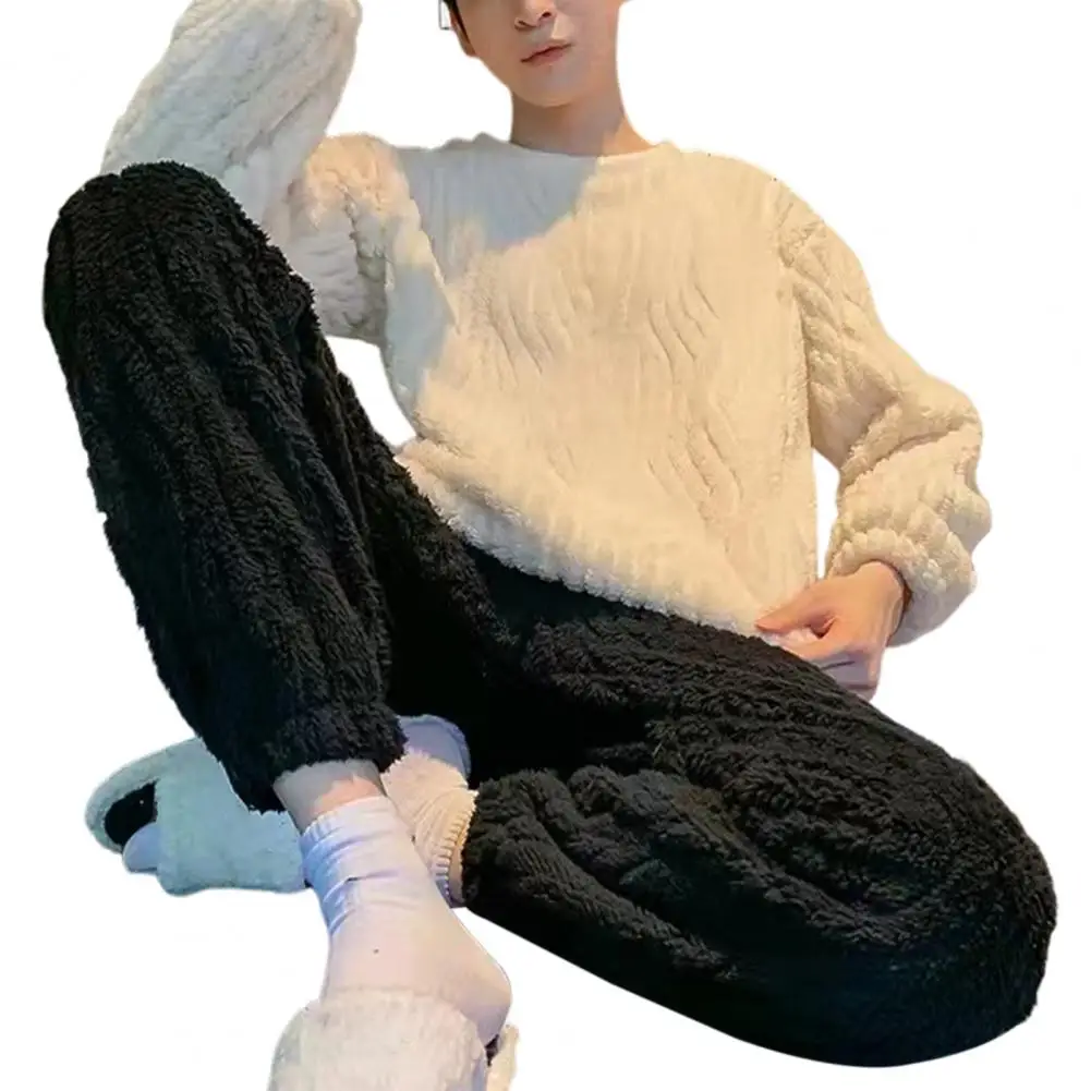 

Winter Homewear Thick Color Sleeve Fleece Men's Pajama Fashion Sets Long Coral Neck Piece Solid Loose Set Warm