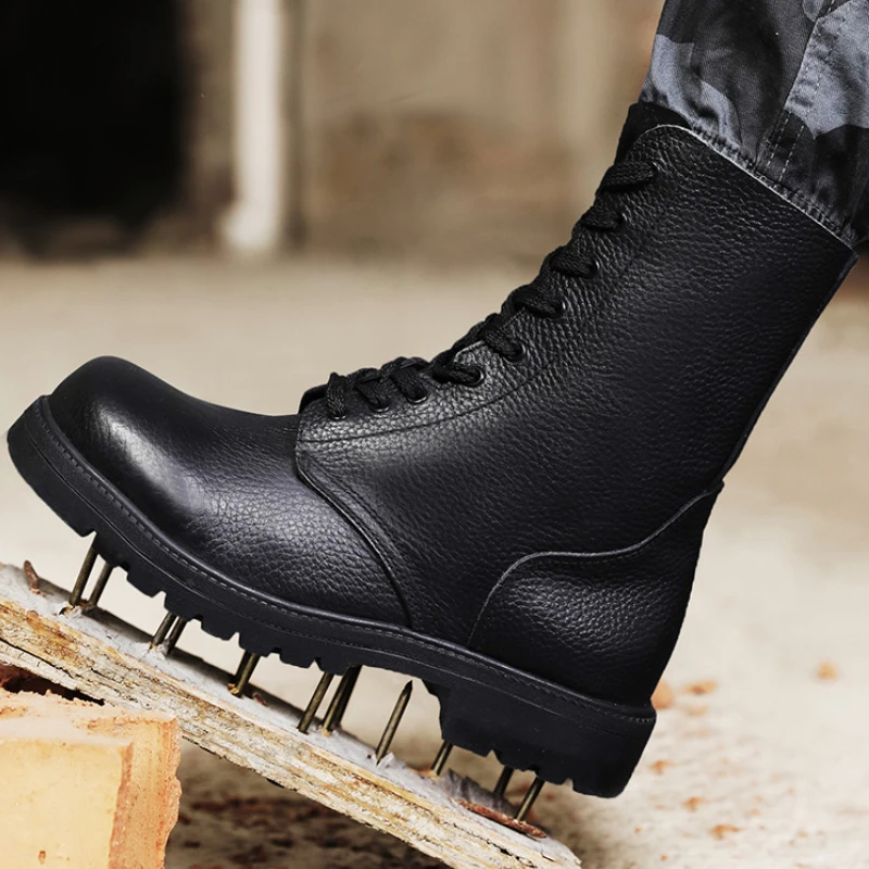 

Men's Combat Leather Boots Spring Autumn Round Head Lace Up Walking Shoes Non-slip Tactical Military Boots Bota Masculino
