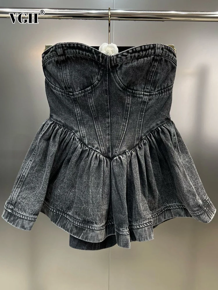 

VGH Sexy Spliced Ruffles Denim Tank Tops For Women Slash Neck Sleeveless Slimming Solid Vests Female Fashion Style Clothes New