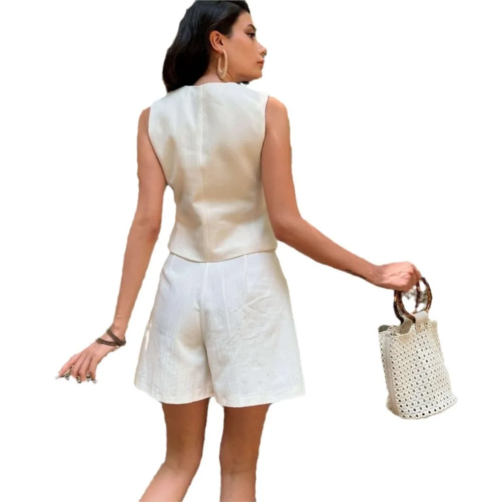 MESCHUNEY TRAF Waistcoat Shorts Set V Neck Vest Blazer Top+High Waist Slim Shorts Women Suits 2024 Summer Vintage 2 Piece Sets
