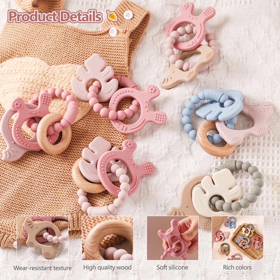1Pc Baby Silicone Teether Toys BPA Free Silicone Bracelet Rabbit Teething Toys Wooden Ring Nursing Tooth for Newborn Gift