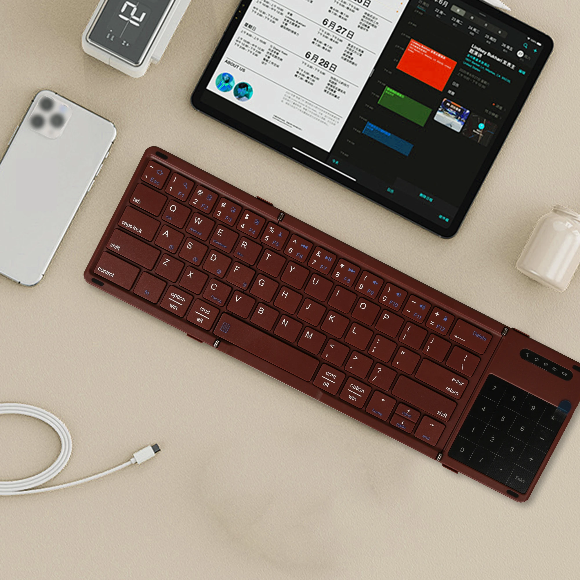 Wireless Keyboard with Touchpad Rechargeable Foldable Bluetooth For PC Mac Smartphone Windows iOS Android
