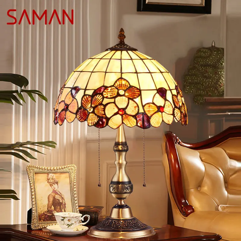 

SAMAN Modern Brass Tiffany Table Lamp LED European Retro Luxury Creative Shell Desk Light for Home Living Room Bedroom