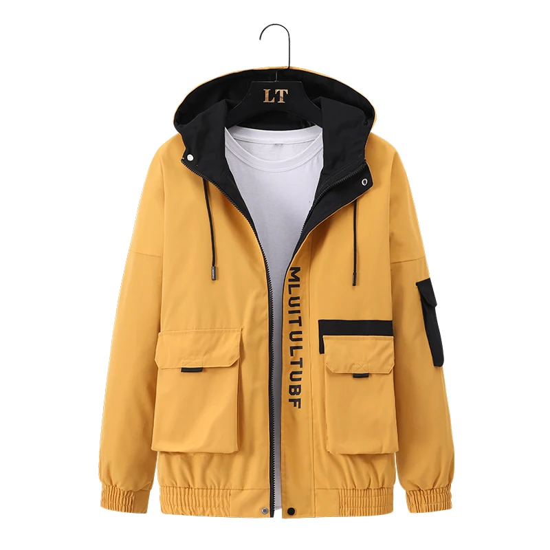 Men's Spring and Autumn Fashion Casual Hooded Solid Color Pocket Jacket Windbreaker Warm Coat Outdoor Hiking Camping Jacket Men