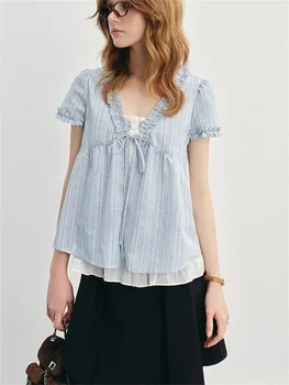 Blue Summer Women's irt V-ne Puffy Sve Loose Faionable ort-sved Knot Top Korean Sle Sweet Loose 1