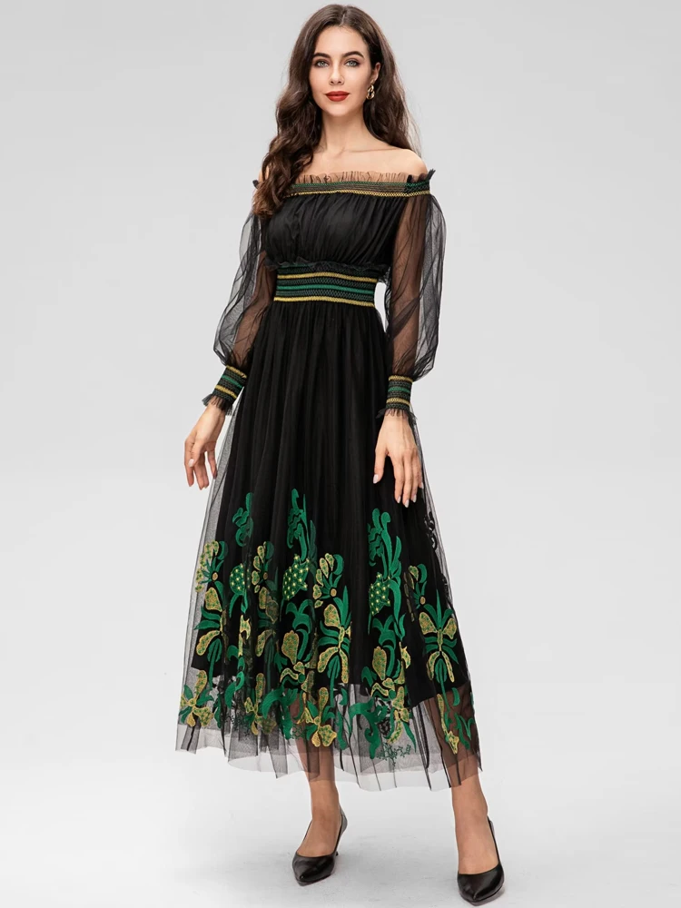 

Designer 2023 Spring Summer Fashion New Women High Quality Gorgeous Sexy Embroidery Mesh Black Long Dress Party Casual Holiday