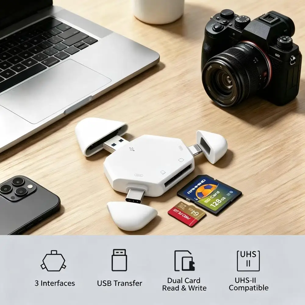 3 in 1 메모리 카드 리더기 (삼각형 자석 캡 포함) USB-C USB 라이트닝 포트 지원 TF/SD PC 노트북 맥북 스마트폰용