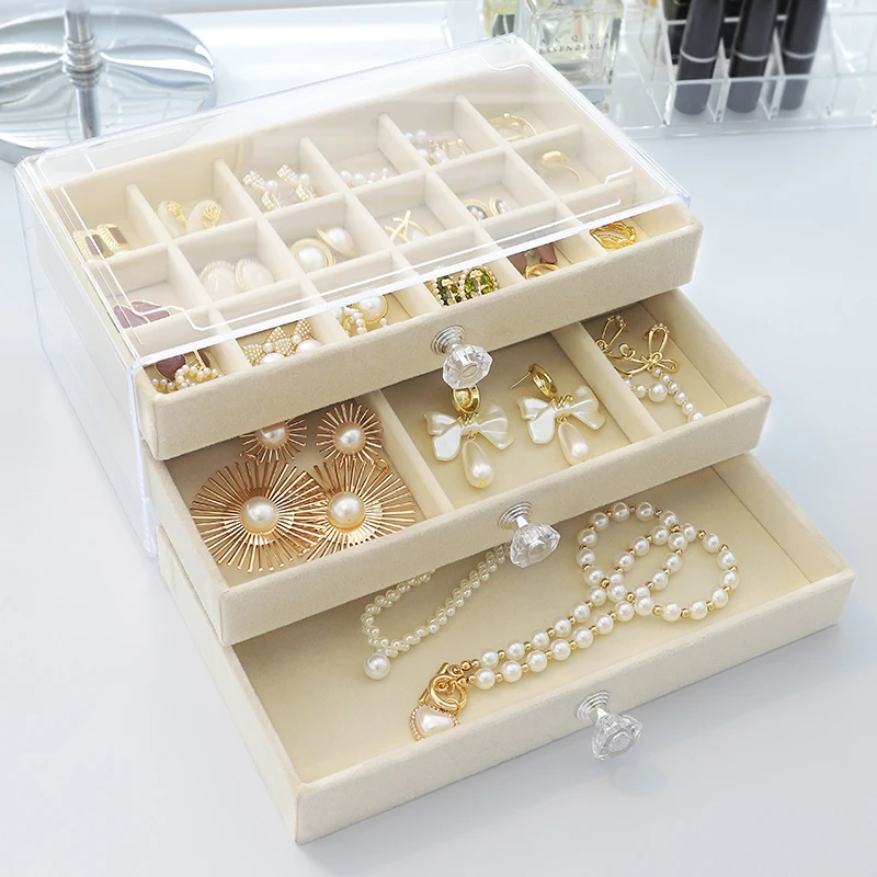 Acrylic Jewelry Storage Box Multi-layer Earrings Ring Organizer Drawer Style Tabletop Jewelry Box Velvet Women Jewelry Box Gift 56hooks pendant trays 4layer velvet jewelry display holder jewel showcase drawer ring rack organizer yellow red gray color