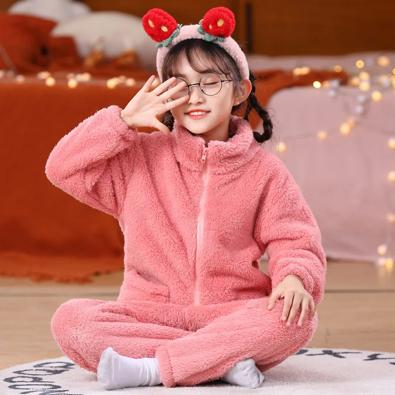 

Autumn And Winter Children's Pajamas Long Plush Zipper Stand Collar Warm Thickened Solid Coral Velvet Sweet Parent-child Home Cl