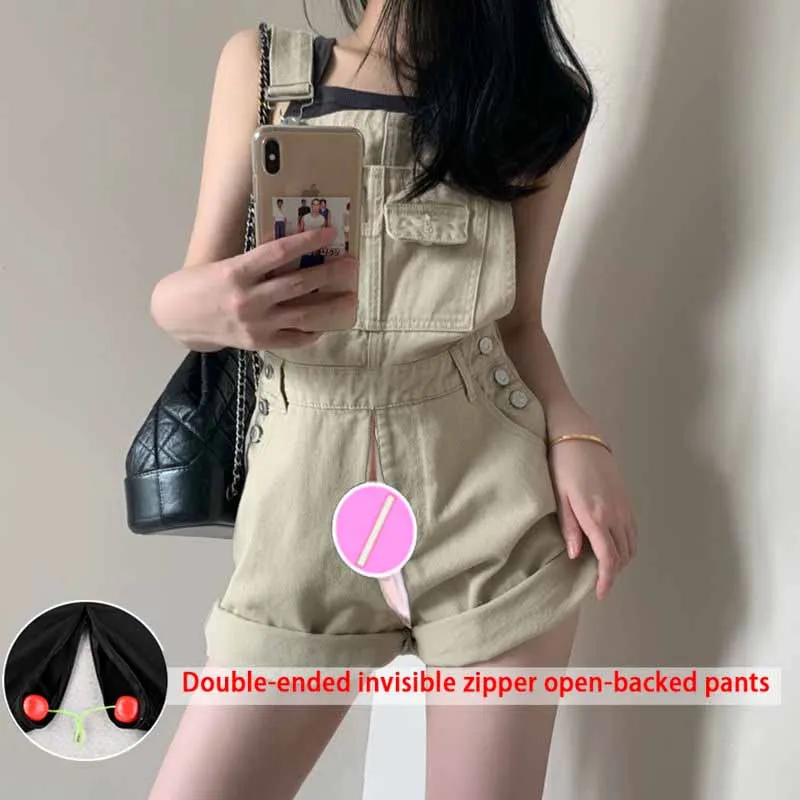 Suspender Shorts Women's Invisible Open Crotch Outdoor Convenient Pants Tight Suspender Pants Five-Point Jumpsuit Denim Jumpsuit