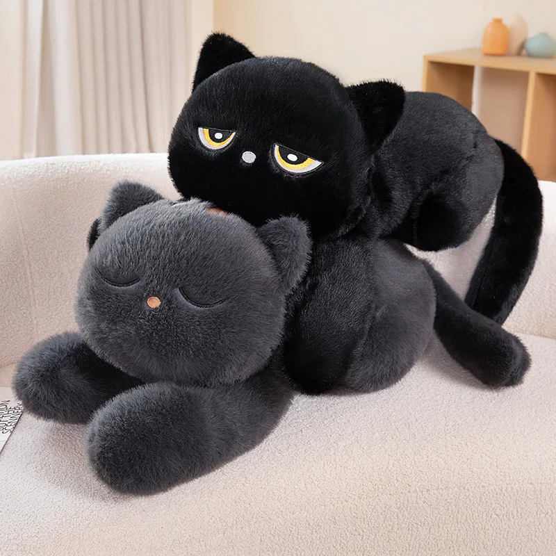 귀여운 반달 눈 모양 검은 고양이 봉제 인형, 누워있는 검은 고양이 베개, 어린이 게임 팬들을 위한 할로윈 크리스마스 생일 선물, 홈 데코