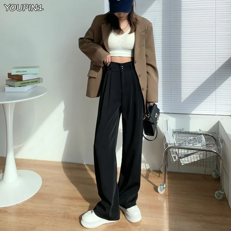 Black Suit Pants for Women Korean 2 Buttons Wide Leg Trousers Vintage Streetwear High Fashion Office Ladies Work Bottoms