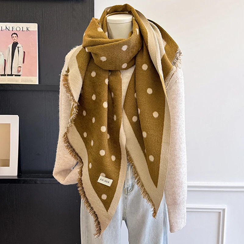 2025 Luxury Brand Women's Cashmere Scarf - Winter Warm Tasseled Striped & Polka Dot Printed Pashmina Shawl, Foulard & Poncho