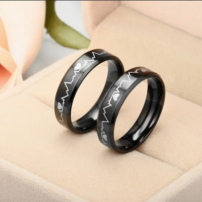 Fashion Titanium Steel ECG Love Couple Ring Korean Simple Trend Youth Boy Girl Heart Rings Jewelry Accessories Gifts 2