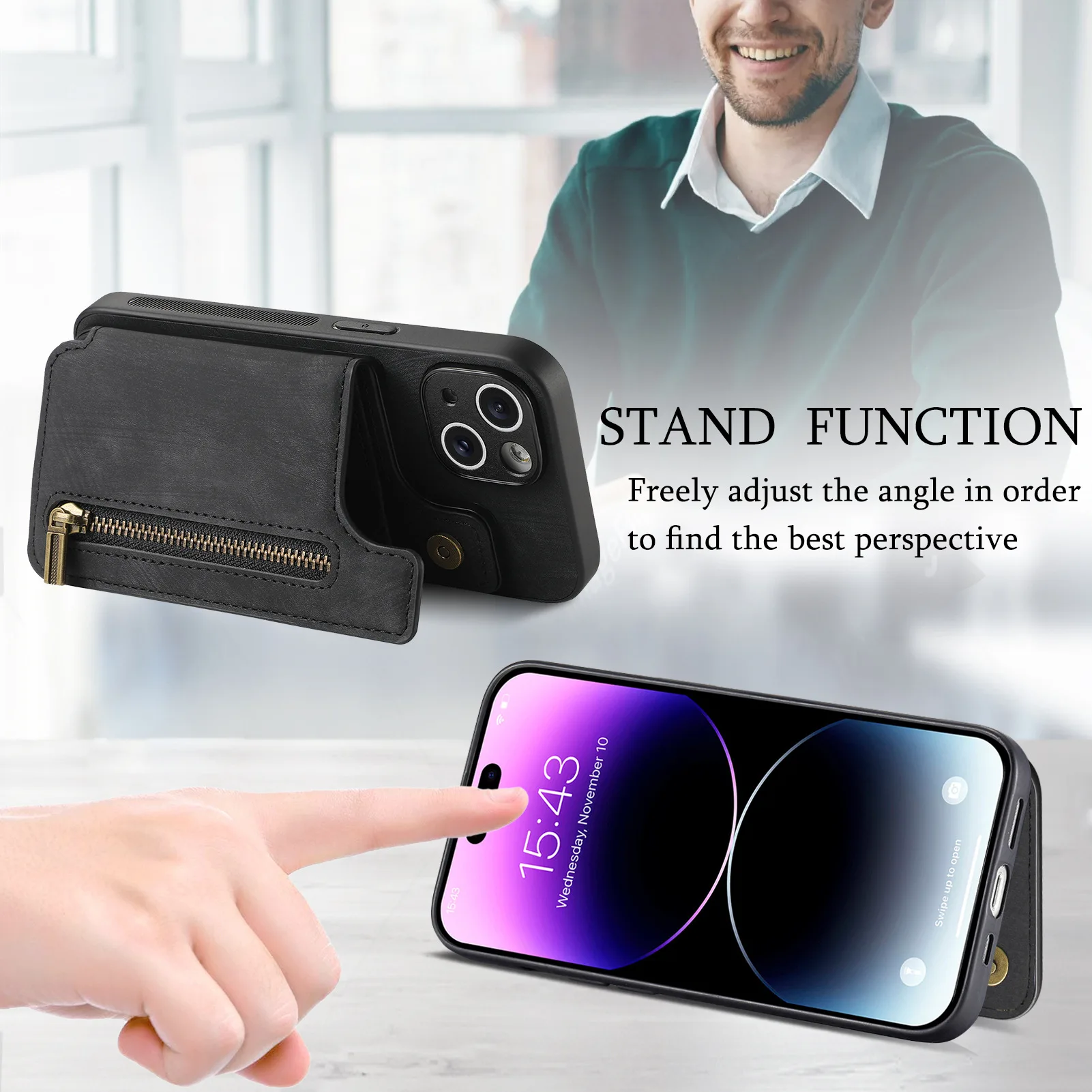 Luxury Leather Zipper Wallet Case with Magnetic Holder and Card Slots