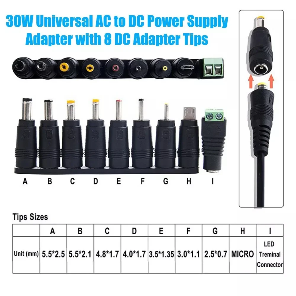 30W Universal Power Adapter Adjustable Voltage AC/DC Supply 8 Tips For EU US UK AU Plugs Worldwide Charging Compatible power adapter