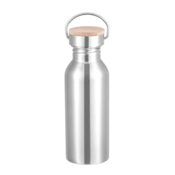 Sleek Silver Stainless Steel Water Bottle with Bamboo Lid - Portable and Leak - Proof Design (600ml - Bamboo Lid)