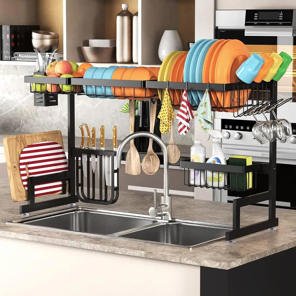 Adjustable Large Dish Drying Rack, 2 Tier Kitchen Organizer, Black ...