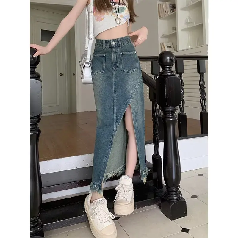 

Korean Style Denim Skirt A-Type Female Literary High Waist Retro Long Skirt Fashion Stretch Sexy New Irregular Split Design