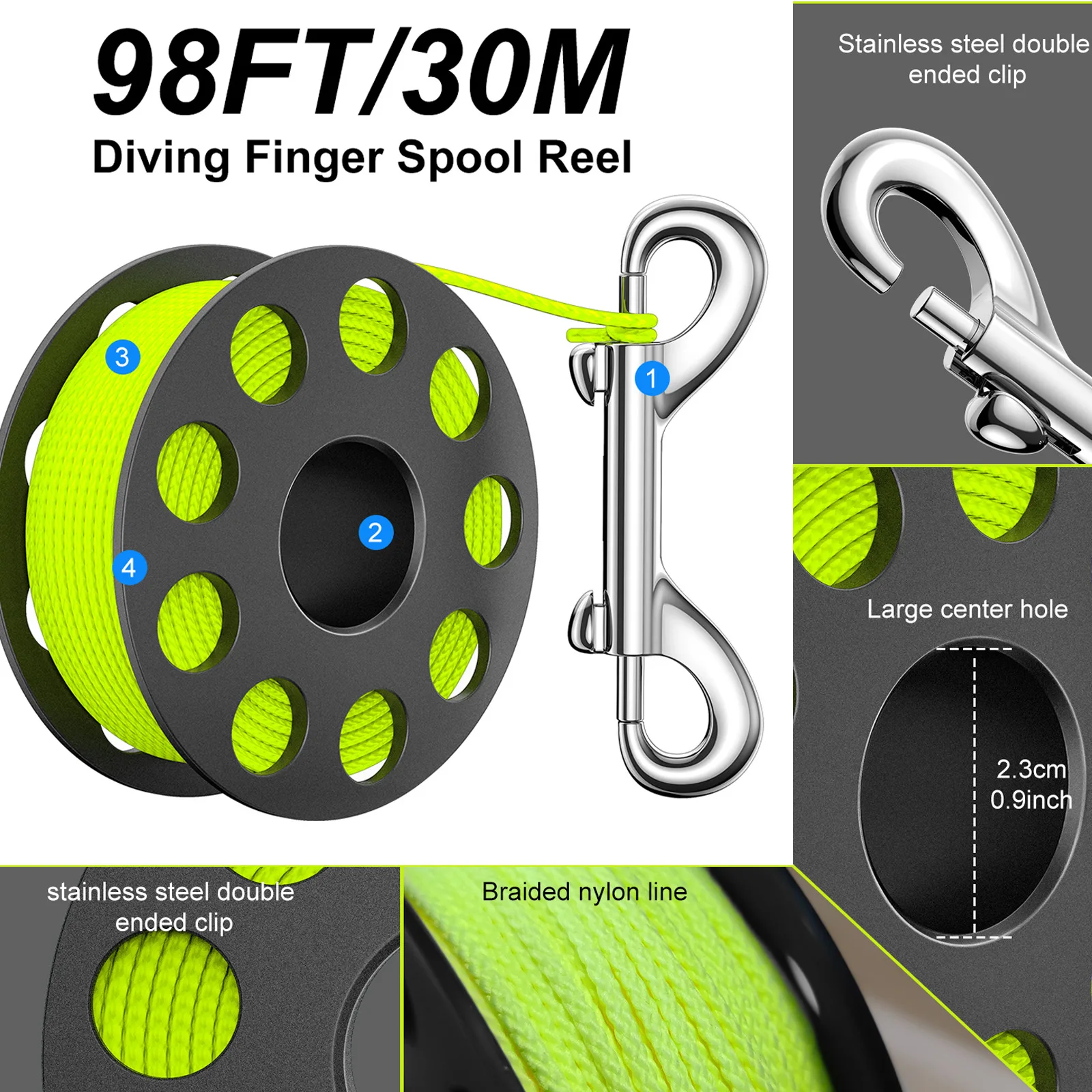 Diving line wheel equipped with stainless steel double head hook buoy coil 30 meter nylon rope scuba diving equipmentaccessories