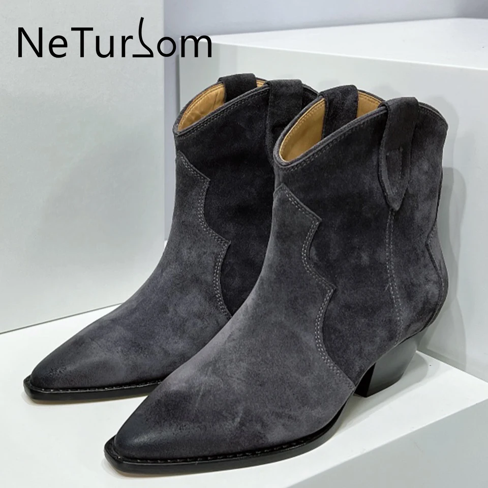 

Autumn Retro Thick Heel Ankle Boots Comfortable Low Heel Officer Short Boots Pointed Knight Boots Cow Suede Women's Single Boot